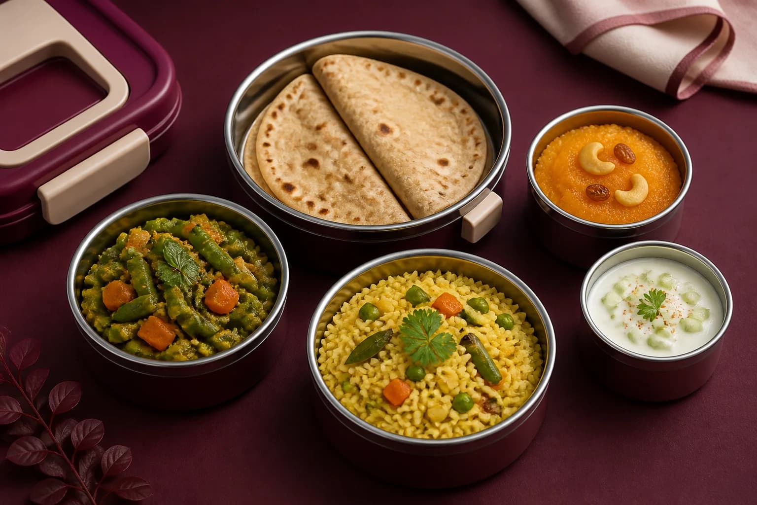 One Big Basket vegetarian Full Meal with two rotis, curry, Karnataka-style rice preparation, dessert and accompaniment.