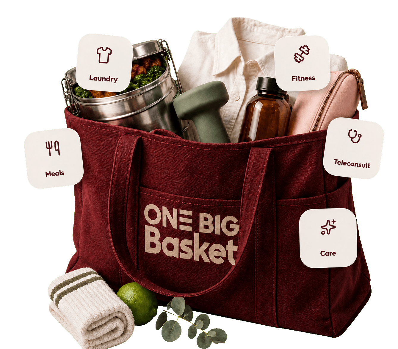 One Big Basket launch kit with office meal tiffin, laundry bag and care essentials